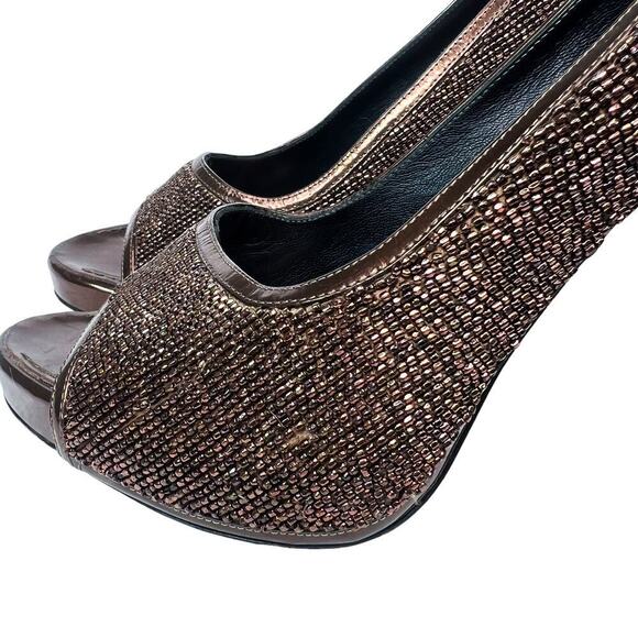 Vintage Givenchy Peep Toe Pumps Brown Beaded Patent Leather Size 39 1/2 - Picture 2 of 8